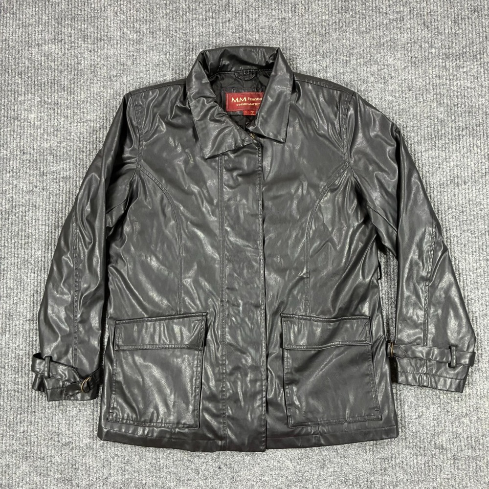 MM Essentials Marc Mattis Womens Large Black Faux Leather Jacket Belted Cuffs